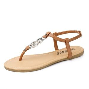 SANDALUP Thong Flat Sandals with Ring Metal and Adjustable Ankle Buckle Tan